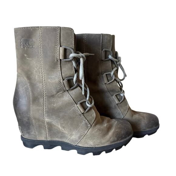 Sorel Joan Of Arctic Wedge II Mid Boots Womens 8.5 Quarry Leather Hidden Heels - Picture 2 of 12